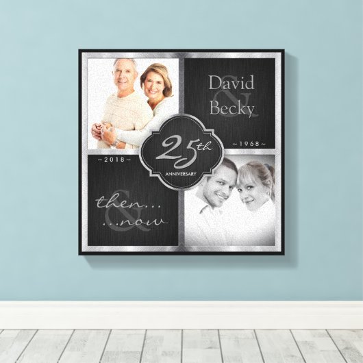 Toen en nu 25e bruiloft Jubileum 2018 Canvas Afdruk (Insitu (Houten vloer))