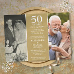 Toen en nu 2 fotoherinneringen 50e Jubileum Kaart<br><div class="desc">Een elegante uitnodiging voor het 50-jarig huwelijk met twee speciale foto's en herinneringen op een gouden achtergrond. Ontworpen door Thisnotme©</div>