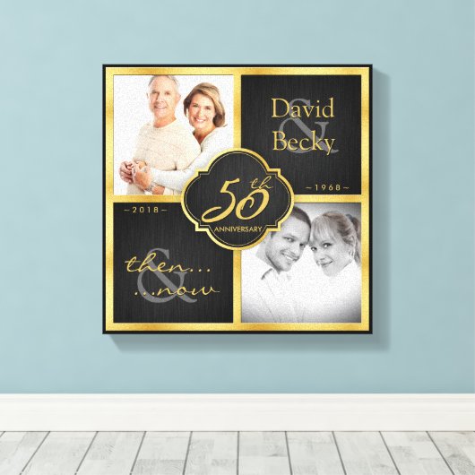 Toen en nu 50ste bruiloft Jubileum - 2018 Canvas Afdruk (Insitu (Houten vloer))