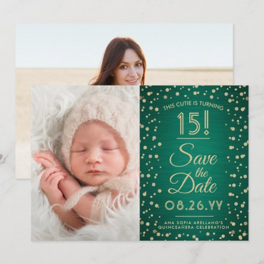 Toen en nu foto's Quinceañera Green & Gold Glitter Save The Date (Voorkant / Achterkant)