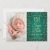 Toen en nu foto's Quinceañera Green & Gold Glitter Save The Date (Voorkant)
