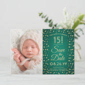 Toen en nu foto's Quinceañera Green & Gold Glitter Save The Date (Staand voorkant)