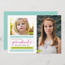 Toen en nu Mint & Pink Chevron Foto Afstuderen Kaart
