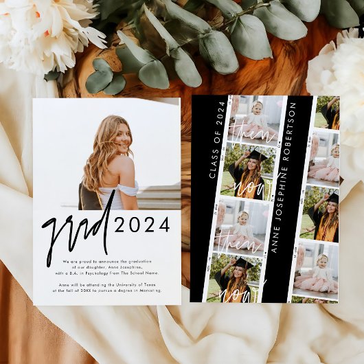 Toen en nu moderne foto Afstuderen aankondiging