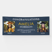 Toen en nu Navy Blue Gold Photo Afstuderen Spandoek (Horizontaal)