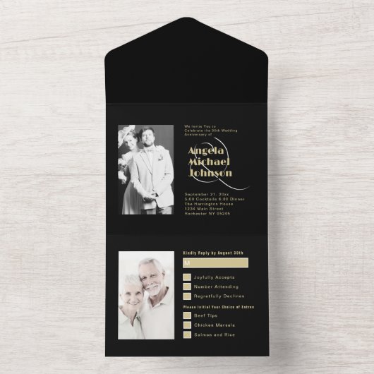 Toen en Nu Zwart Goud 50e Bruiloft Jubileum All In One Uitnodiging (Binnen)
