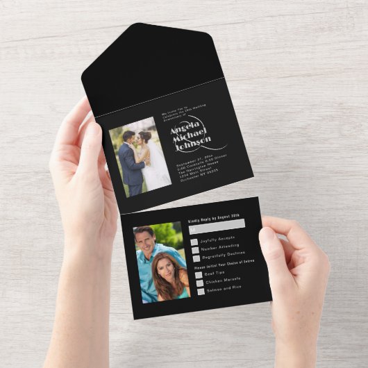 Toen en nu zwart zilver 25e bruiloft Jubileum All In One Uitnodiging (Afscheurbaar)