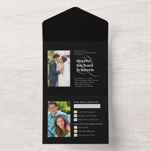 Toen en nu zwart zilver 25e bruiloft Jubileum All In One Uitnodiging (Binnen)