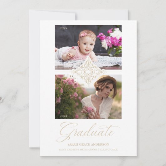 Toen & Nu Chic Gold 2 Foto's Ornament Afstuderen Kaart (Voorkant)