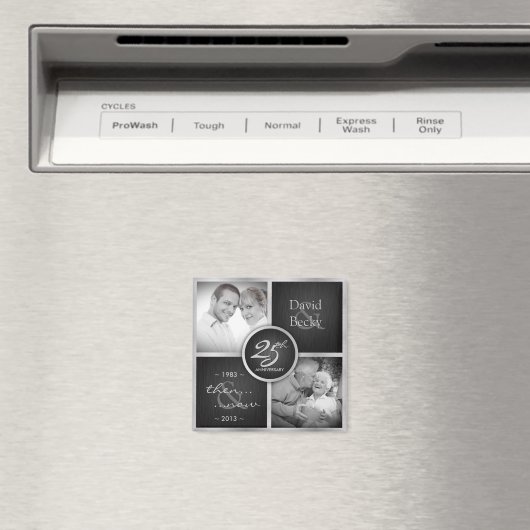 Toen & Nu Elegant Zwart en Zilver 25e Bruiloft Magneet (Insitu (Vaatwasser))