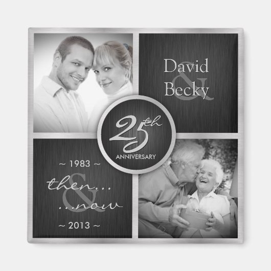 Toen & Nu Elegant Zwart en Zilver 25e Bruiloft Magneet (Voorkant)