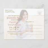 Toen & Nu Foto's Afstuderen Bewaar de datum roze Aankondigingskaart (Achterkant)