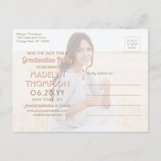 Toen & Nu Foto's Afstuderen Bewaar de datum roze Aankondigingskaart (Achterkant)