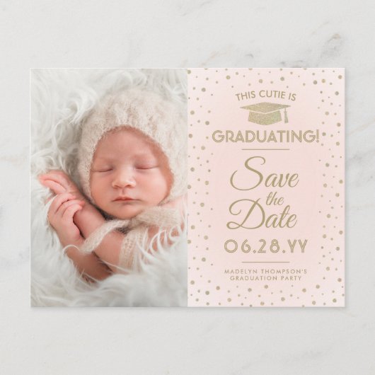 Toen & Nu Foto's Afstuderen Bewaar de datum roze Aankondigingskaart (Voorkant)