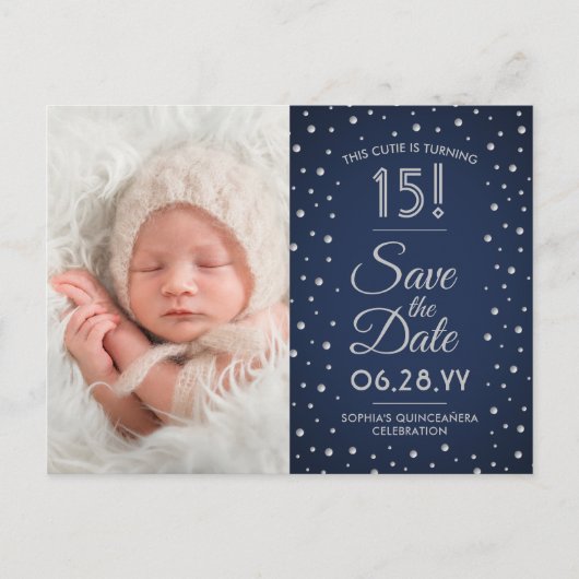 Toen & Nu Foto's Quinceañera Save the Date Blue Uitnodiging Briefkaart (Voorkant)