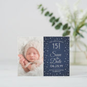 Toen & Nu Foto's Quinceañera Save the Date Blue Uitnodiging Briefkaart (Staand voorkant)