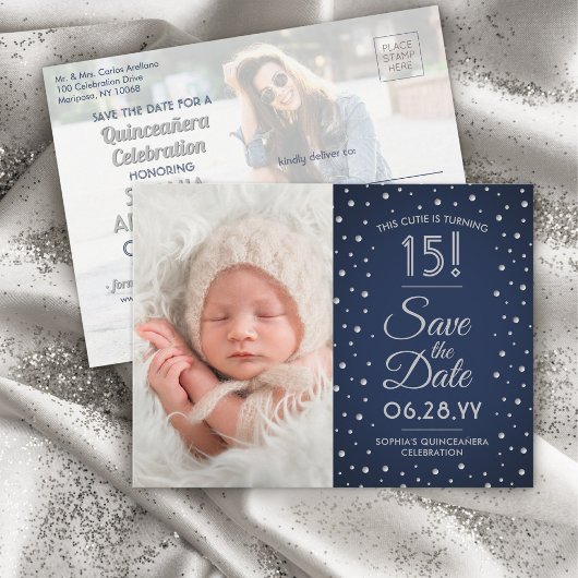 Toen & Nu Foto's Quinceañera Save the Date Blue Uitnodiging Briefkaart