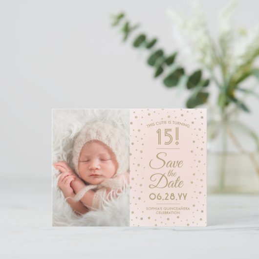 Toen & Nu Foto's Quinceañera Save the Date Pink Uitnodiging Briefkaart (Staand voorkant)
