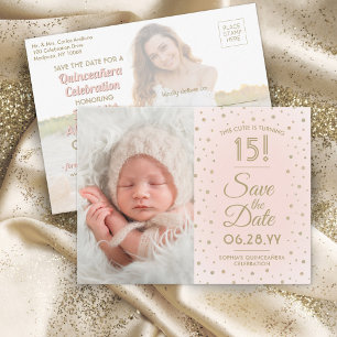 Toen & Nu Foto's Quinceañera Save the Date Pink Uitnodiging Briefkaart