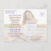 Toen & Nu Foto's Quinceañera Sla de datum Paarse o Uitnodiging Briefkaart (Achterkant)