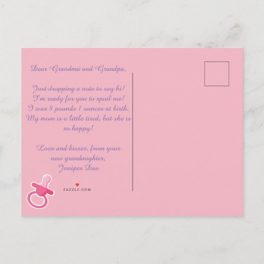 Toen waren er 3 baby-aankondigingspostkaarten. aankondigingskaart (Achterkant)