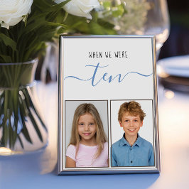 Toen we tien kinderen foto's blauwe script bruilof kaart