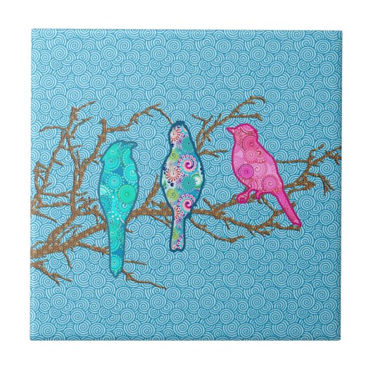 Toepasselijke vogels op een bijkantoor, Sky Blue M Tegeltje (Voorkant)