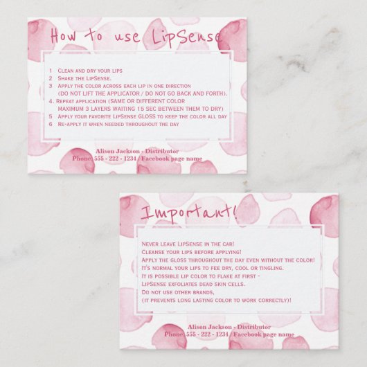 Toepassingsinstructies voor lippenproductdistribut visitekaartje (Voorkant / Achterkant)