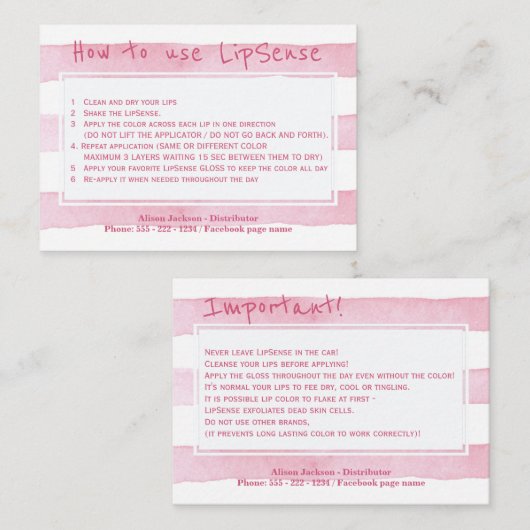 Toepassingsinstructies voor lippenproductdistribut visitekaartje (Voorkant / Achterkant)