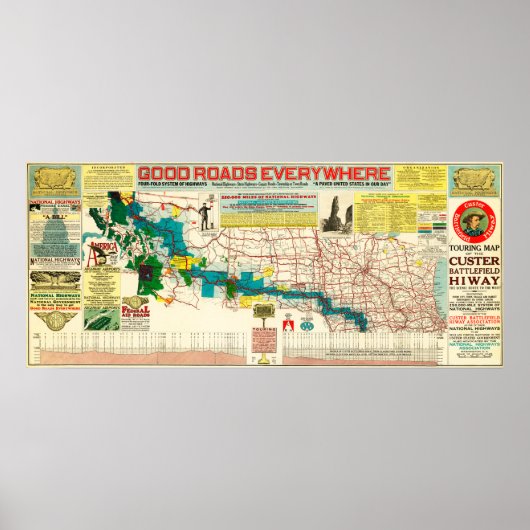Toerentekaart van de snelweg rond het Custer-slagv Poster (Voorkant)