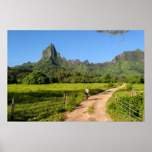 Toerist die op tropisch Moorea poster fietst
