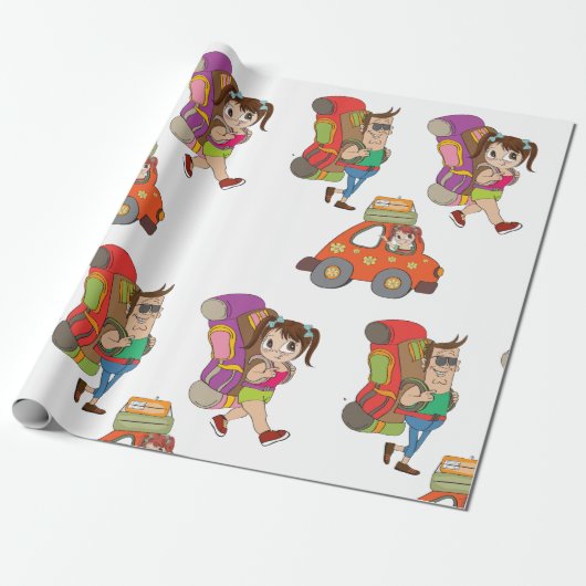 Toeristen met rugzakken die op papier zetten voor  (Uitgerold)