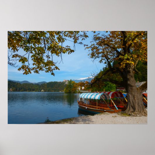Toeristenboten in het Bledmeer in de herfst Poster (Voorkant)