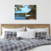Toeristische boten in het meer van Bled in de herf Canvas Afdruk (Insitu (Slaapkamer))