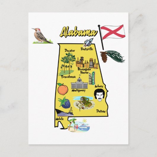 Toeristische kaart van Alabama met landmerken (Voorkant)