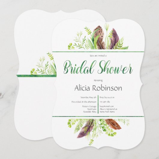 Toespraak van de Feather en de Foliage Boho Bridal Kaart (Voorkant / Achterkant)