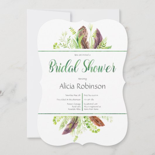 Toespraak van de Feather en de Foliage Boho Bridal Kaart (Voorkant)