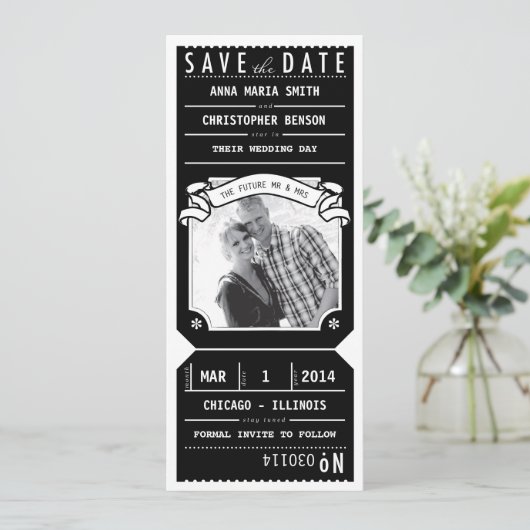 Toestel voor theaterafspeelbiljet Foto opslaan Dat Save The Date (Staand voorkant)