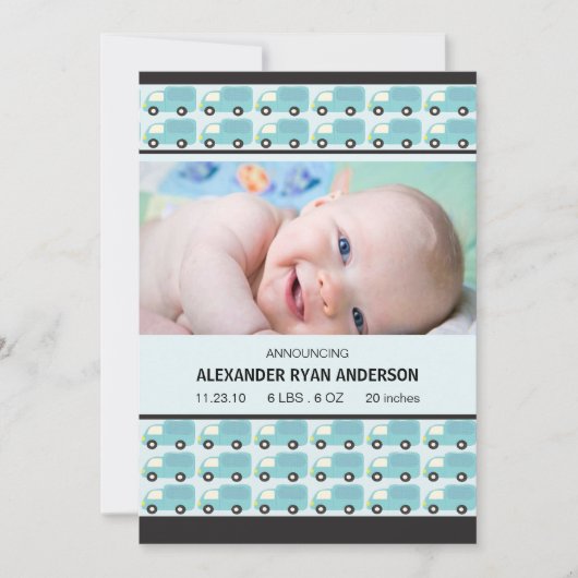 Toeter! Blauwe vrachtwagens baby jongen geboorteaa Aankondiging (Voorkant)