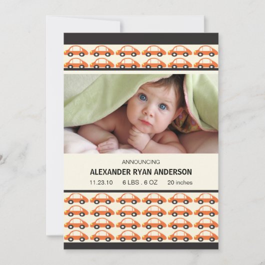 Toeter! Oranje Auto's Baby Jongen Geboorteaankondi Aankondiging (Voorkant)