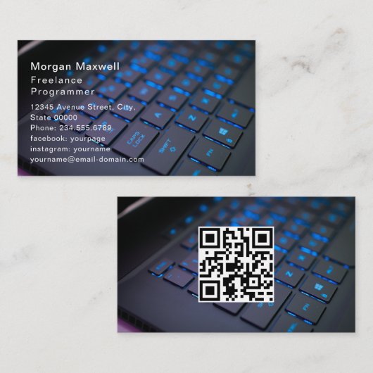 Toetsenbord Computerprogrammeur QR-code blauw  Visitekaartje (Voorkant / Achterkant)