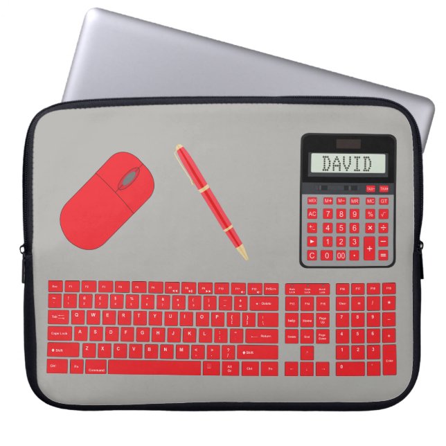Toetsenbord, muis, rekenmachine en pen, grafisch laptop sleeve (Voorkant)