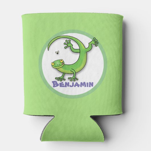 Toevallige groene gekko hagedis met cartoon van in blikjeskoeler (Achterkant)