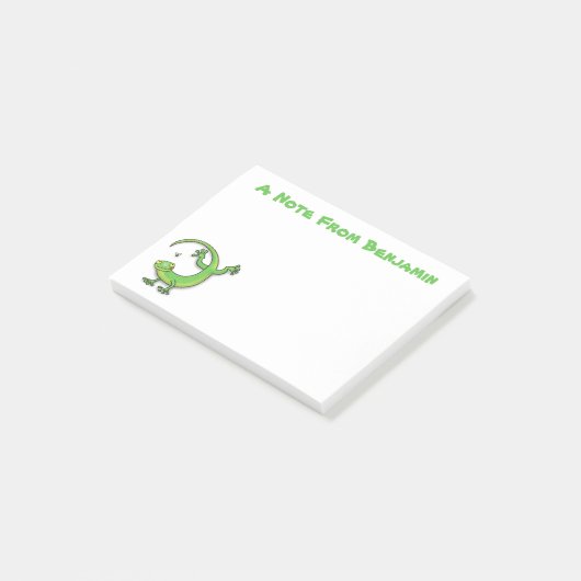 Toevallige groene gekko hagedis met cartoon van in post-it® notes (Schuin)