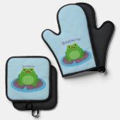 Toevallige groene kikker cartoon illustratie ovenwant & pannenlap set (Voorkant / Achterkant)