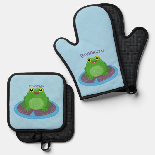 Toevallige groene kikker cartoon illustratie ovenwant & pannenlap set (Voorkant / Achterkant)