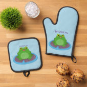 Toevallige groene kikker cartoon illustratie ovenwant & pannenlap set (Top down)