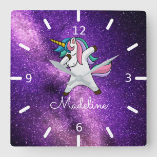 TOEVOEGEN JOUW NAAM/Paarse ruimtedodende Unicorn  Vierkante Klok