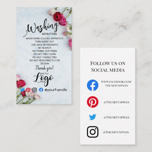 TOEVOEGEN LOGO wasinstructies ZORG KARTbloem Visitekaartje (Voorkant / Achterkant)