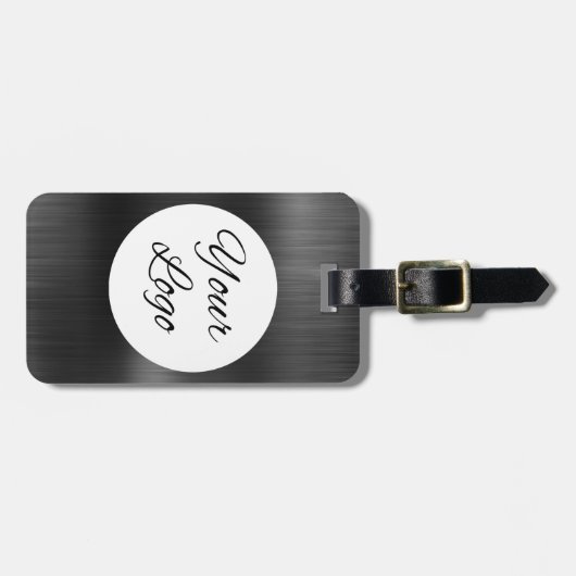 Toevoegen Logo Zwart Grijs Faux Metal Steel Styled Bagagelabel (Voorkant horizontaal)